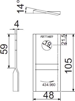 Technische Zeichnung: Pöttinger Kreiselmäherklinge Durastar 105 x 48 x 4 mm links/rechts, gedreht, für Mähwerk Eurocat