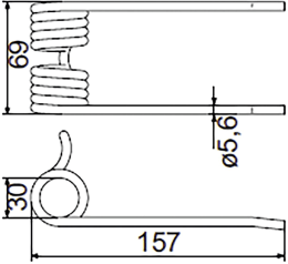 Technische Zeichnung: Pöttinger Pick-up Zinken Durastar 157 x 69 x 5,6 mm für Ladewagen Jumbo 6000, 6600, 7200, 8000