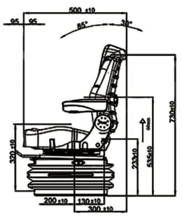 Technische Zeichnung: BLACK STAR Traktorsitz BS 1512 A TT Sitzkissenverstellung, Drehadapter 30° links/rechts, luftgefedert