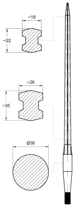 Technische Zeichnung: SHW Frontladerzinken K001 810 mm M 22 x 1,5 AG spitz, gerade für Baas/Trima, Bressel, Weidemann
