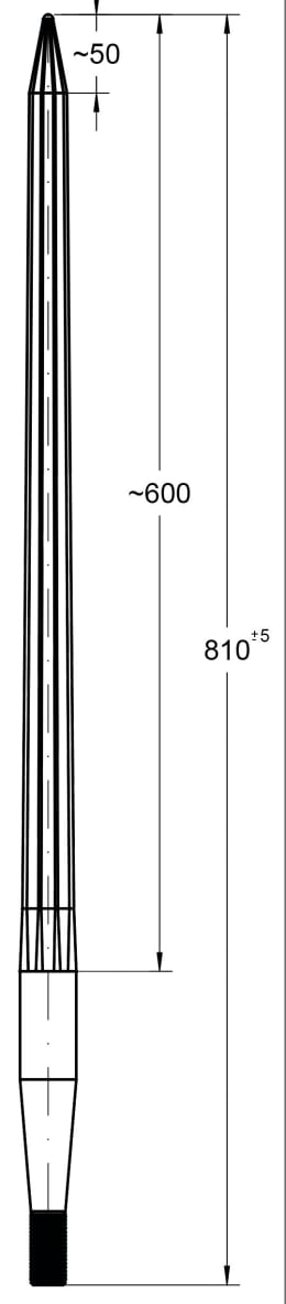 Technische Zeichnung: SHW Frontladerzinken K001 810 mm M 22 x 1,5 AG spitz, gerade für Baas/Trima, Bressel, Weidemann