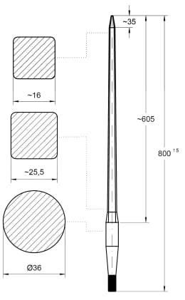 Technische Zeichnung: SHW Frontladerzinken K001 800 mm M 22 x 1,5 AG spitz, gerade für Fendt, Schäffer