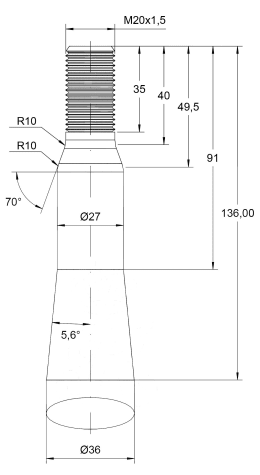 Technische Zeichnung: SHW Frontladerzinken K004 800 mm M 20 x 1,5 AG spitz, gerade für Stoll