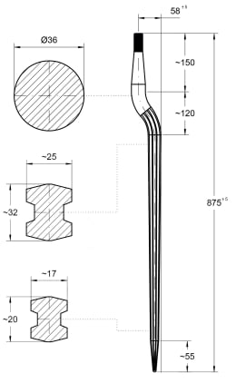 Technische Zeichnung: SHW Silozinken 880 mm M 22 x 1,5 mit konischer Mutter für Trioliet
