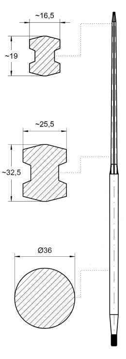 Technische Zeichnung: SHW Grossballenzinken 1.400 mm M 22 x 1,5 AG, spitz, mit konischer Mutter