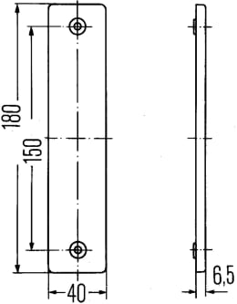 Technische Zeichnung: Hella® Rückstrahler rechteckig, rot, 180 x 40 x 6,5 mm, geschraubt, Bohrung, senkrecht