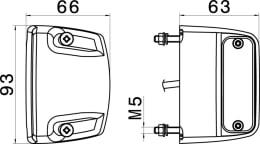 Technische Zeichnung: Hella® LED-Kennzeichenleuchte quadratisch, seitlich links/rechts, 93 x 66,2 x 63 mm, 12 V, 4 LEDs