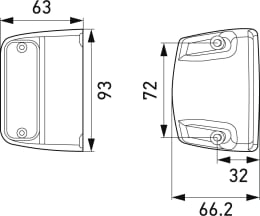 Technische Zeichnung: Hella® LED-Kennzeichenleuchte quadratisch, seitlich links/rechts, 93 x 66,2 x 63 mm, 12 V, 4 LEDs