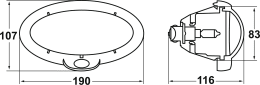 Technische Zeichnung: Hella® Arbeitsscheinwerfer Oval 90 HB3, 12 V, für nahe Ausleuchtung, Einbau, 4-Punkt-Befestigung