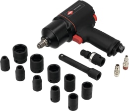 Set: Airpress Schlagschrauber 1/2 1.112 Nm, Druckluft, Set im Koffer, Schlagnüsse, Verlängerung, Gelenk