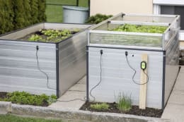 Lifestyle: Schneckenzaun SnailStop an Hochbeeten mit Salat im Garten installiert