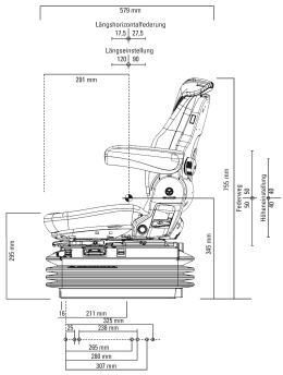 Technische Zeichnung: Grammer Traktorsitz Maximo® MSG 95 G/721, luftgefedert, Stoff Bouclé, schwarz