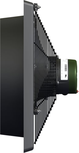 Produktbild: EMI Stallventilator WLV 4 mit Schutzgitter und grünem Motor, seitliche Ansicht