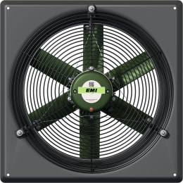 Produktbild: EMI Stallventilator mit grünen Rotorblättern und Schutzgitter in quadratischer Wandplatte