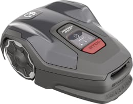 Produktbild: Husqvarna Mähroboter Automower Aspire R4 in Grau mit Bedienfeld und roter STOP-Taste