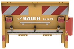 Produktbild: RAUCH Winterdienststreuer UKS in gelb mit rot-weißen Warnmarkierungen, Rückansicht