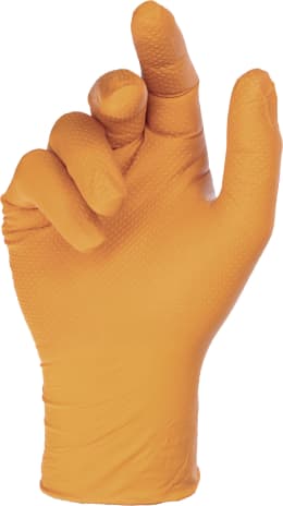 Produktbild: Orangefarbener Nitril-Einmalhandschuh mit strukturierter Grip-Oberfläche