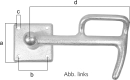 Technische Zeichnung: Bügelverschluss, links/rechts, verzinkt, mit Maßangaben a, b, c, d
