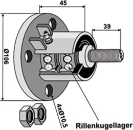 Technische Zeichnung: Industriehof® Scheibenlager mit Gewinde, Ø außen 106 mm, M 20 x 1,5, Länge Gewinde 39 mm, Höhe 45 mm