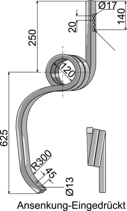 Technische Zeichnung: Industriehof® Spurlockerzinken 875 x 30 x 30 mm ohne Schar, für universal