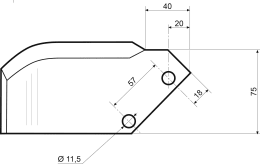 Technische Zeichnung: Fräsmesser 170 x 75 x 6 mm Bohrung 11,5 mm links/rechts für Howard Bodenfräsen, Motorhacken