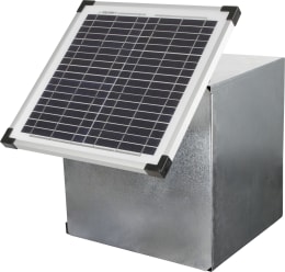 Produktbild: Ako Solarmodul mit Montagehalterung und schwarzem Rahmen auf grauer Box