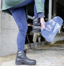 Lifestyle: Person zieht blauen Einmalüberschuh über Stiefel im Stallbereich