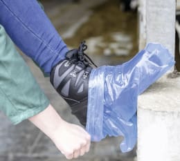 Lifestyle: Person zieht blauen Einmalüberschuh über Schuh in ländlicher Umgebung