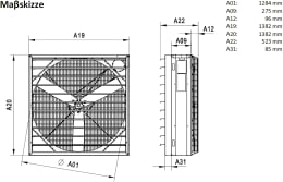 Technische Zeichnung: Multifan Stallventilator 1.284 mm, 46.700 m³/h, 400 V