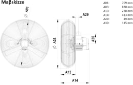 Technische Zeichnung: Multifan Stallventilator K 71 710 mm, 14.650 m³/h, 230 V
