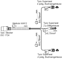 Technische Zeichnung: Anschlusskabel 2 x Buchsengehäuse/2 x Stiftgehäuse, 7-polig, 4-polig, 2-polig, 12 V