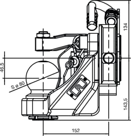 Technische Zeichnung: Rockinger Kugeleinsatz mit 80 mm Kugel, Höhenschnellverstellung und Fahrstuhllager