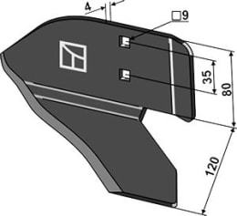 Technische Zeichnung: Industriehof® Winkelmesser links 120 mm, für Hackgerät Einböck, Stiel 35 x 11 mm, 1.10.1195