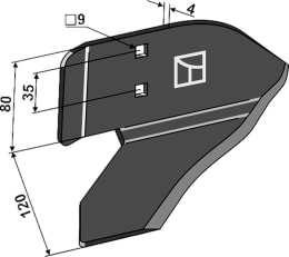 Technische Zeichnung: Industriehof® Winkelmesser rechts 120 mm, für Hackgerät Einböck, Stiel 35 x 11 mm, 1.10.1196