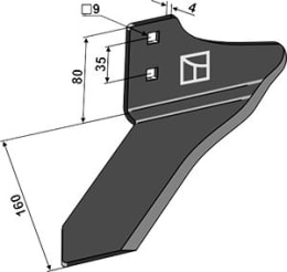 Technische Zeichnung: Industriehof® Winkelmesser rechts 160 mm, für Hackgerät Einböck Chopstar, Rollstar, Stiel 35 x 11 mm