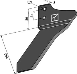 Technische Zeichnung: Industriehof® Winkelmesser rechts 200 mm, für Hackgerät Einböck Chopstar, Rollstar, Stiel 35 x 11 mm