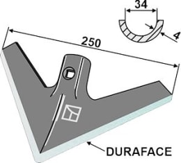 Technische Zeichnung: Industriehof® Hackschar universal, Arbeitsbreite 250 mm, Arbeitswinkel 40 °, Duraface-Beschichtung