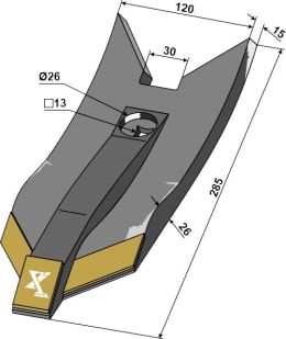 Technische Zeichnung: Industriehof® Scharspitze eXtreme® Carbide Line 285 x 120 x 26 mm, hartmetallbeschichtet
