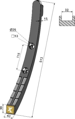 Technische Zeichnung: Industriehof® Schmalschar eXtreme® CARBIDE LINE 513 x 43 mm, Hartmetall, für Grubber Köckerling