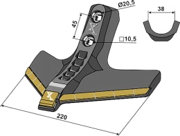 Technische Zeichnung: Industriehof® Gänsefußschar eXtreme® CARBIDE LINE 220 mm, für Grubber Köckerling, Kerner Stratos