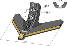 Technische Zeichnung: Industriehof® Gänsefußschar eXtreme® CARBIDE LINE 285 mm, für Grubber Gaspardo, Maschio