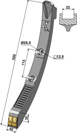 Technische Zeichnung: Industriehof® Schmalschar eXtreme® CARBIDE LINE 500 x 40 mm, Hartmetall, für Grubber Köckerling