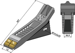 Technische Zeichnung: Industriehof® Scharspitze eXtreme® Carbide Line 367 x 72 mm, Abstand 36,5 mm, hartmetallbeschichtet