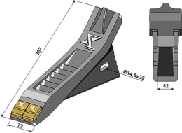 Technische Zeichnung: Industriehof® Scharspitze eXtreme® Carbide Line 367 x 72 mm, Abstand 32 mm, hartmetallbeschichtet