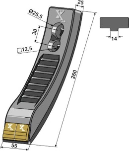 Technische Zeichnung: Industriehof® Scharspitze eXtreme® Carbide Line 260 x 55 x 25 mm, hartmetallbeschichtet