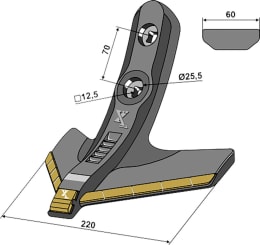 Technische Zeichnung: Industriehof® Gänsefußschar eXtreme® CARBIDE LINE 220 mm, für Grubber Köckerling
