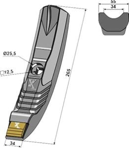 Technische Zeichnung: Industriehof® Scharspitze eXtreme® Carbide Line 265 x 55 mm, hartmetallbeschichtet, für Grubber Kuhn
