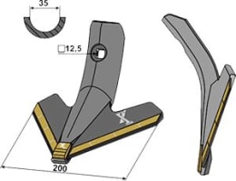 Technische Zeichnung: Industriehof® Gänsefußschar eXtreme® CARBIDE LINE 200 mm, für Grubber Kuhn