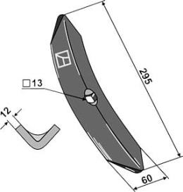 Technische Zeichnung: Industriehof® Spitzschar 295 x 60 x 12 mm für Großfederzinken Kuhn
