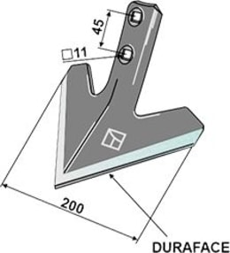 Technische Zeichnung: Industriehof® Gänsefußschar Duraface 200 x 6 mm, für Grubber Güttler, Einböck, Köckerling, Pöttinger